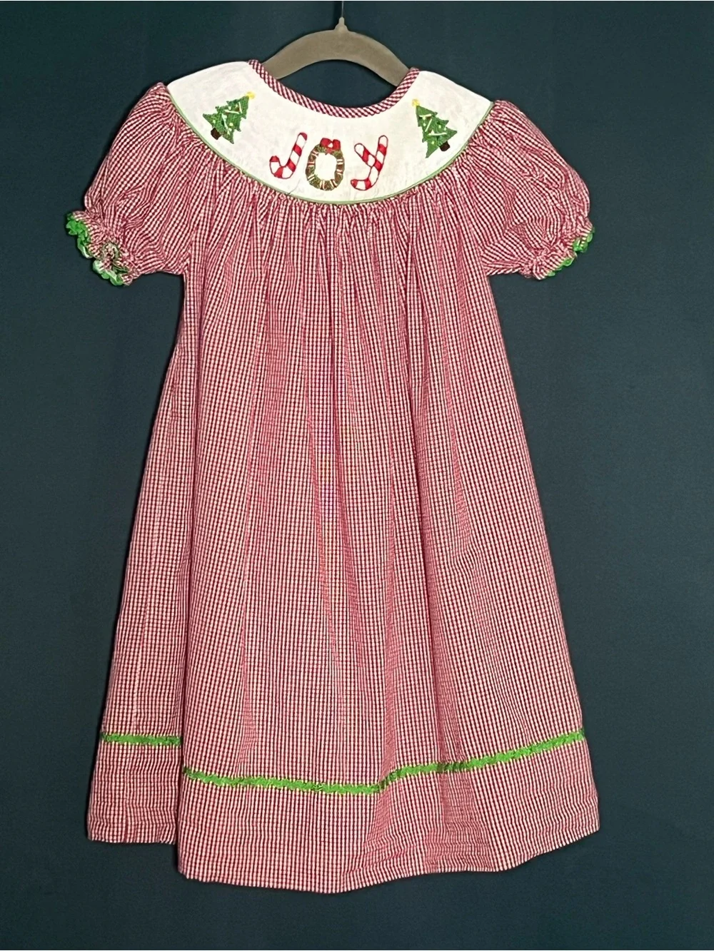 Girls Red Gingham 'Joy' Embroidered Holiday Dress